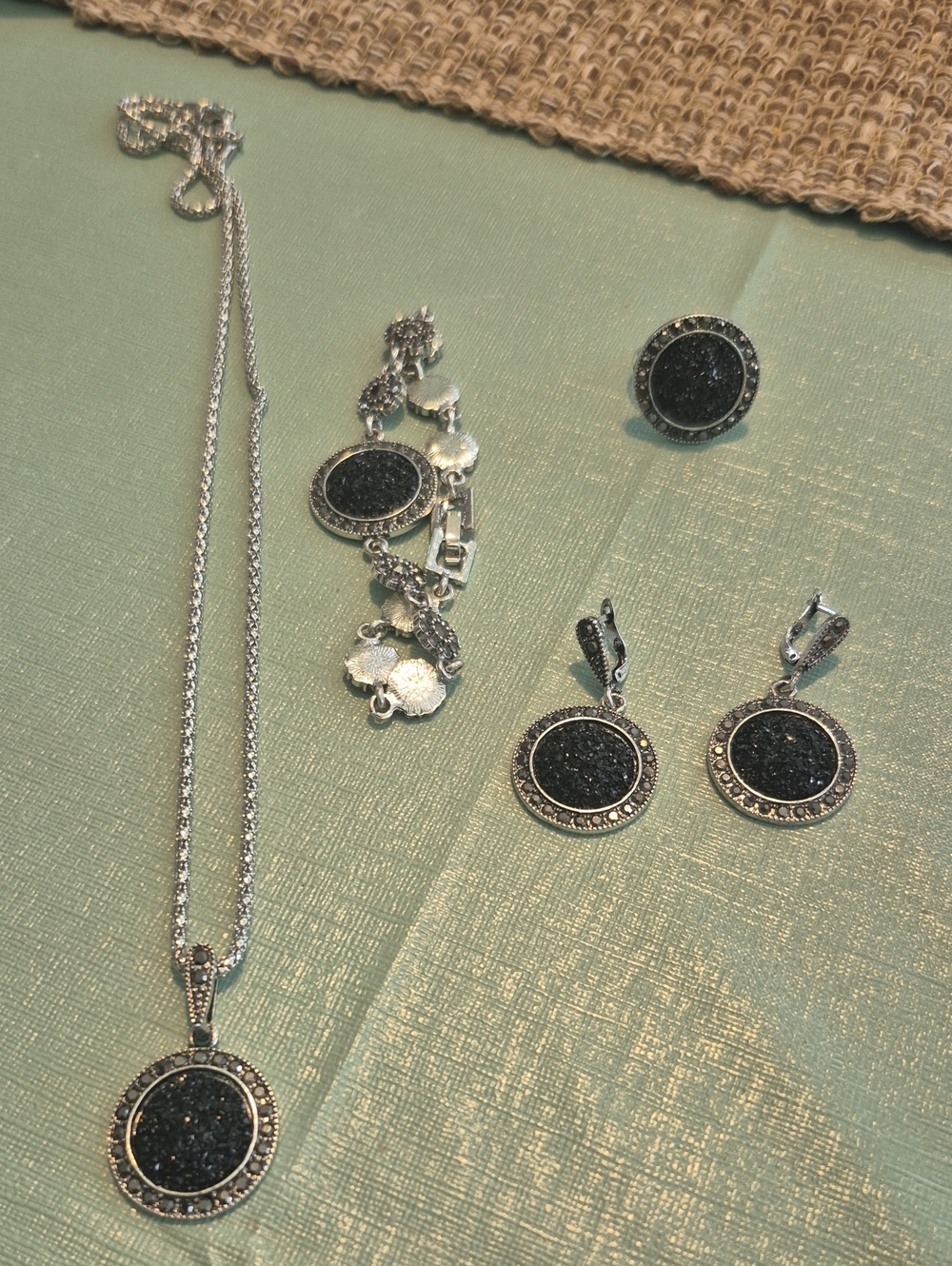 Silver Black Druzy Circle Pendant Necklace, Earrings & Ring Set